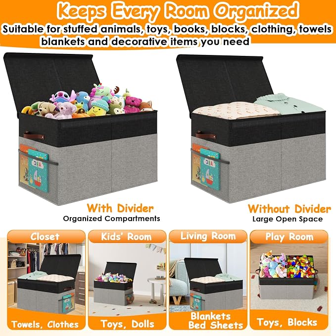 Large Toy Storage Box with Lid Upgraded Toy Storage Chest Organizer with Divider Foldable Toy Bin for Kids Boys Girls Playroom Nursery Bedroom (25"x13"x16")