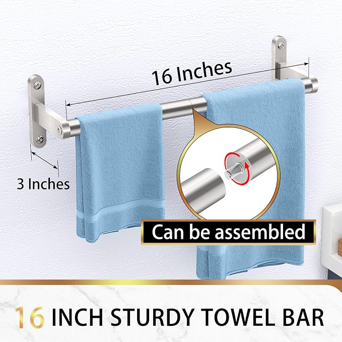 KLJKPA Towel Bar for Bathroom, 16 Inch Wall Towel Rack, Brushed Nickel | Heavy Duty Single Towel Rod, Space-Saving Hand Towel Holder, Toilet Kitchen Towel Storage, Rustproof, Stainless Steel