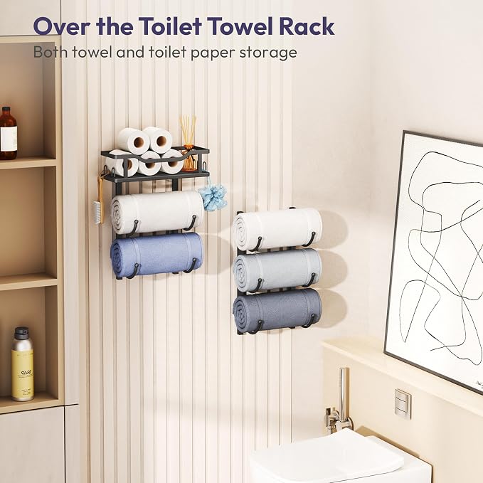 SWTYMIKI Over the Door Towel Rack - 6 Tier Towel Racks for Bathroom Wall Mounted, Towel Holder with Shelf, Hanging Rolled Towel Storage Organizer for Small Bathroom, Camper, RV, Black