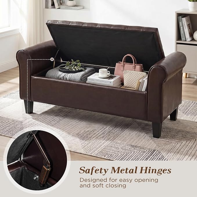 55" Storage Ottoman Bench for Living Room, End of Bed Bench with Rolled Arm Leather Ottoman with Storage Upholstered Entryway Bench Retro Style Footboard Bench for Bedroom, Brown