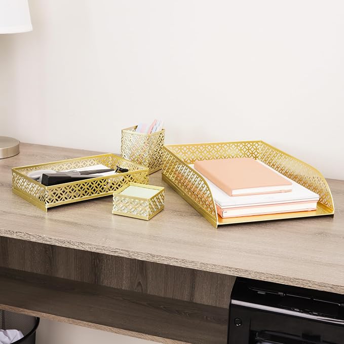 Mind Reader Gold Desk Organizer Set, Includes Pen Cup, Catchall Tray, File Box & Paper Tray, 4-Piece Metal Desktop Accessory Kit