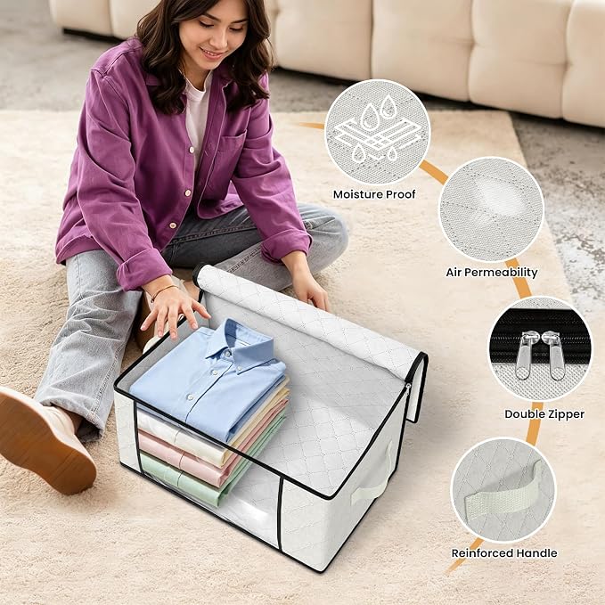 Fab totes 35L Closet Organizers and Storage, Foldable Under Bed Storage Containers, Storage bags for Organizing Bedroom, Closet, Clothing,Organization with Handle (4 Pack,Ivory)