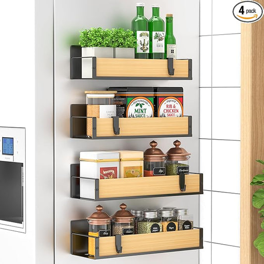 HuggieGems 4 Pack Magnetic Spice Storage Rack Organizer for Refrigerator and Oven, Wood Fridge Organizers and Storage