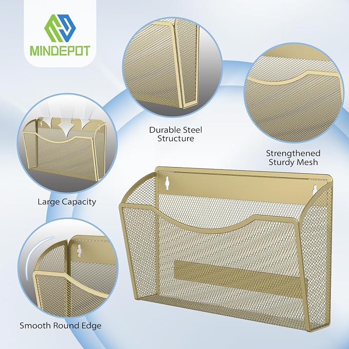 MINDEPOT Magnetic Wall File Organizer, Hanging File Holder, 3 Pack, Gold | Heavy Duty Iron, Powerful Magnet, Metal Mesh Wall Mount, Single Pocket, for Office School Classroom Home, Letter A4 Size