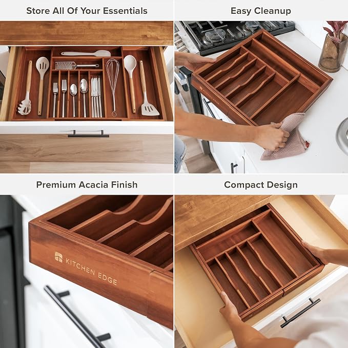 KitchenEdge Silverware & Utensil Drawer Organizer, 16-28 in, Acacia | Cutlery, flatware, food-safe contract grade, kitchen drawer fit