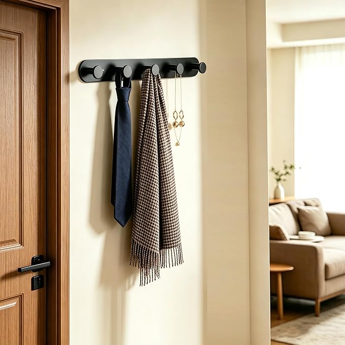 Coat Hooks - Coat Rack Wall Mount - Matte Black (2 Pack) | Stainless Steel Coat Rack Whit 5 Hooks, 14 Inches Hat Rack, Key Holder for Wall, Towel Hook, Towel Racks for Bathroom