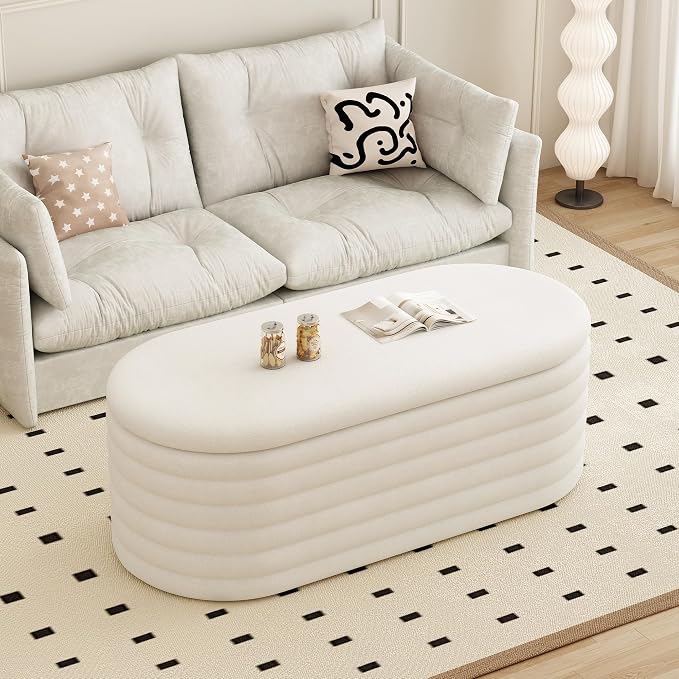 Ball & Cast 40" Oval Ottoman with Storage, Chenille Upholstered Entryway Bench with Safty Hinges for Living Room, End of Bed, No Assembly Required,White
