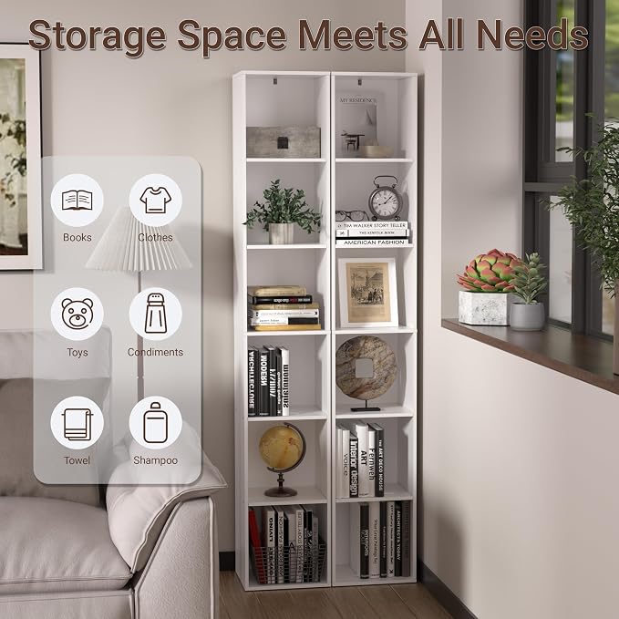 White Cube Shelf, 6 Cube Storage Organizer, 6-Tier Freestanding Low Bookshelf, Modern Cube Shelf for Living Room, Bedroom, Kids Toys, Home Office, Multi-Purpose Tall Cube Storage Furniture