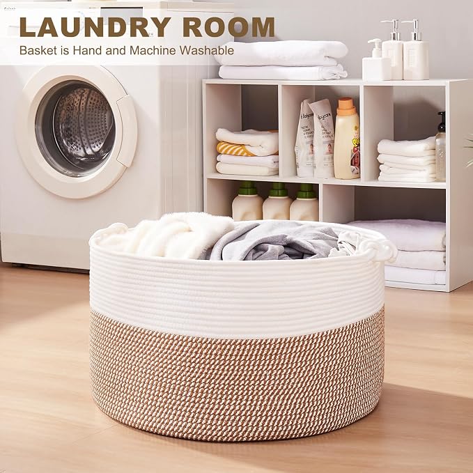 OIASKET Large Blanket Storage Basket for Living Room, 22.8" x 22.8" x 13" Woven Cotton Rope Basket with Handles, Baby Toy Storage, Laundry Hamper for Clothes, Pillows, Towels-Yellow and White