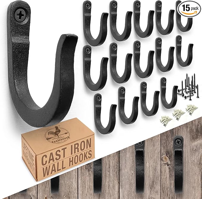 2 inch Railroad Spike Cast Iron Hooks (15 Pack) Blacksmith, Wall Mounted Farmhouse Decorative Hooks, PowderCoated for Interior or Exterior Use, Rust Proof for Hanging Coats, Bags or Pots (Black)