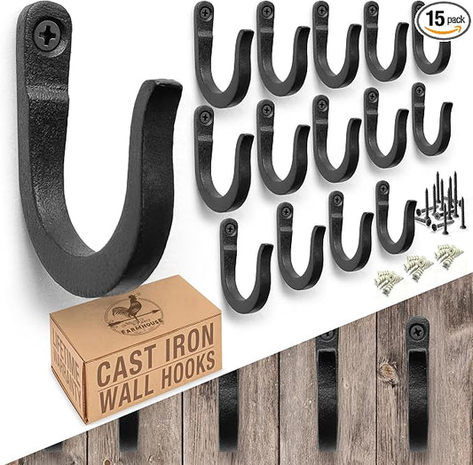 2 inch Railroad Spike Cast Iron Hooks (15 Pack) Blacksmith, Wall Mounted Farmhouse Decorative Hooks, PowderCoated for Interior or Exterior Use, Rust Proof for Hanging Coats, Bags or Pots (Black)