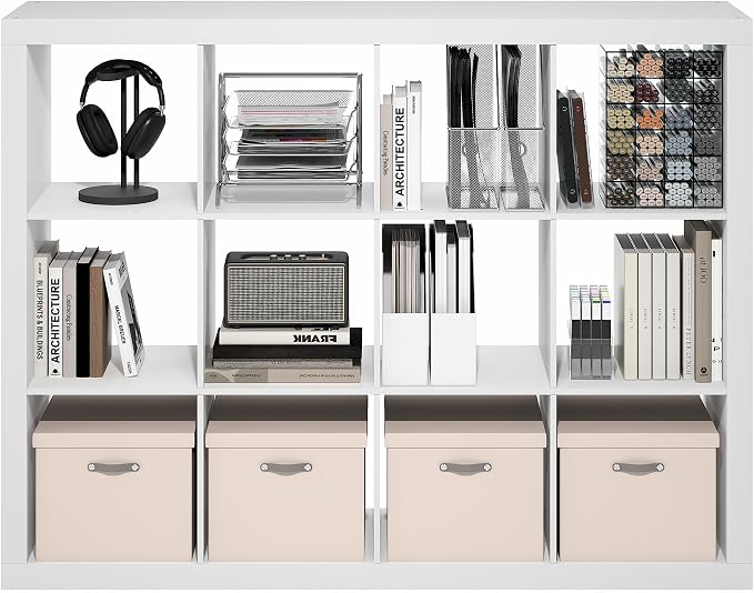 Furinno Cubicle Book Shelf, 12-Cube 2-Inch Super Thick Frame Bookshelf, Reversible Bookcase, Cube Storage Organizer with Open Back, 15.4 x 58 x 44, for Living Room, Bedroom, Home Office, White