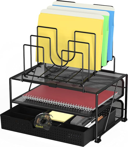 Deco Brothers Desktop File Organizer with Double Tray and 5 Folder Stand | Sliding Drawer with Adjustable Dividers, Black