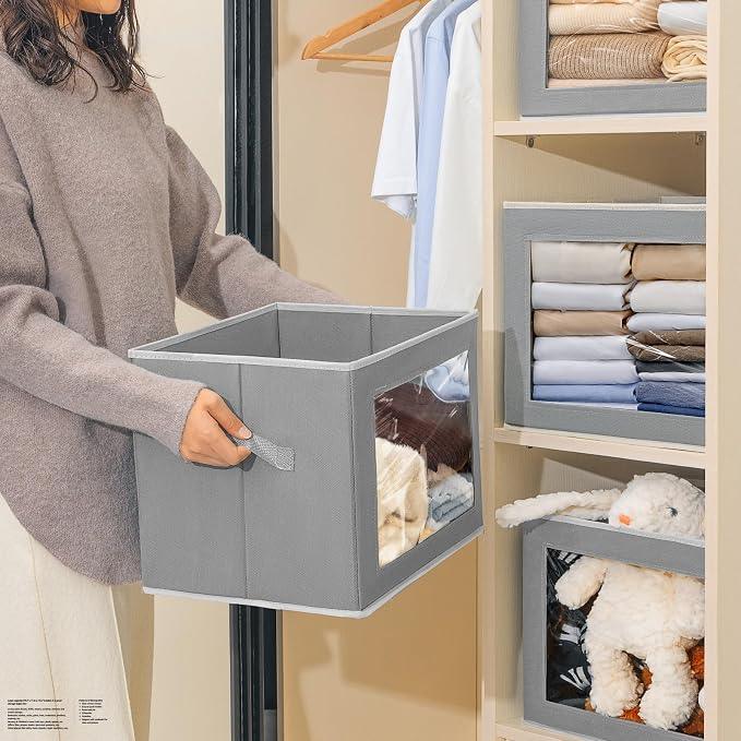 Homsorout Storage Bins, Storage Baskets for Shelves with Window, Fabric Storage Bins with Handle, Foldable Storage Cubes Boxes for Organizing for Clothes, Towels, Books, 3 Pack, Grey