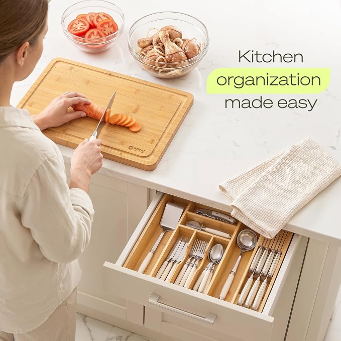 Drawer Organizer for Kitchen Organization – Expandable Bamboo Silverware Drawer Organizer with Removable Knife Block, Bamboo Cutlery, Non-Slip Utensil Organizer with 7-Slot Knife Storage for Flatware