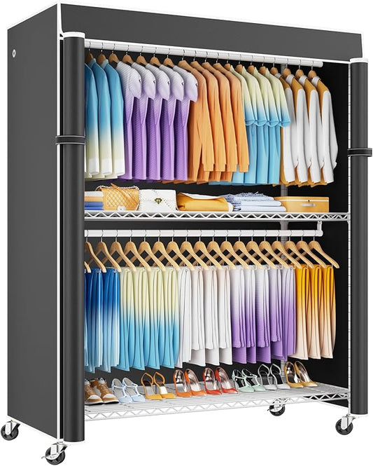 ULIFHOME P8C Max Heavy Duty Clothes Rack（With Extended Width Design） Rolling Clothing Racks for Hanging Clothes with Lockable Wheels，51.2"W x 15.8"D x 80.5"H，Load 800LBS，White Rack with Black Cover