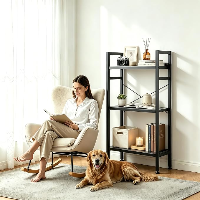 HealSmart 3 Tier Bookshelf, Free Standing Book Shelf Home Office Bookcase Shelf Storage Organizer for Bedroom, Bathroom, Living Room, Office, Balcony, Black