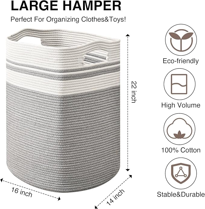 ICERZCZ 78L Laundry Hamper, Woven Rope Tall Laundry Basket with Handles, Decorative Blanket Basket for Bedroom, Bathroom, Collapsible Baskets for Toys, Clothes, 16”x14”x22”, White & Grey
