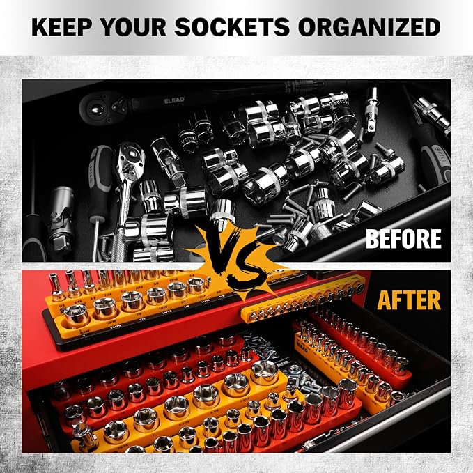 Magnetic Socket Holder Organizer Set - 6-Piece Durable 1/2, 1/4, 3/8 Inch Drive Holder, Tool Box Storage Tray for Wrench, Screwdriver, Mechanic Tools, Portable Toolbox Accessory