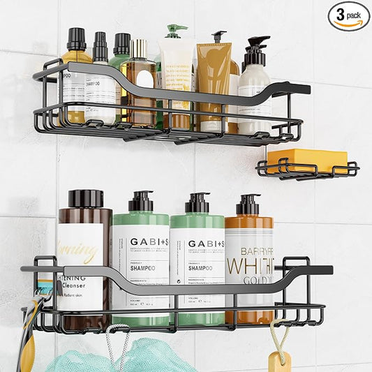 OMAIRA 3-Pack Shower Caddy with Soap Holder, Adhesive Rustproof No-drill Strudy Loading Inside Shower Organizer Shelves Rack Storage Bathroom Organization for Smooth Wall Glass Tile, Black (X-Large)