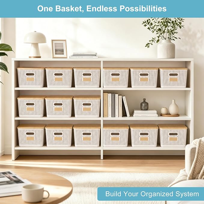 Bagnizer 2 Pack Tall Plastic Storage Bins with Bamboo Lids, 10.8qt Stackable Storages Baskets for Organizing Desktop Closet Playroom Classroom Office, 12"L x 8.3"W x 6.1"H, Cream White