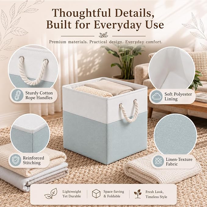 Geiserailie 6 Pcs 13 x 13 Inch Cube Storage Bins Fabric Storage Organizer Bins Foldable Cube Baskets with Sturdy Carry Handles Wicker Baskets for Home(Green, Color Block)