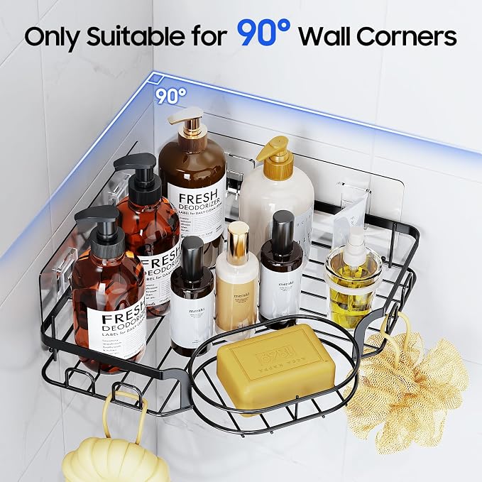 Corner Shower Caddy, Rustproof Shower Organizer with Soap Holder and 8 Hooks, No Drilling Adhesive Shower Shelves for Inside Shower, Large Capacity Shower Rack for Bathroom Shower Storage, Black