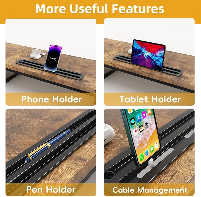 39 Inch Dual Monitor Stand Riser with 2 Drawers - Large Brown Wooden Computer Stand for 2 Monitors, Ergonomic Desk Organizer with Phone Holder, Desktop Storage for Laptop, Office Supplies, Home Office