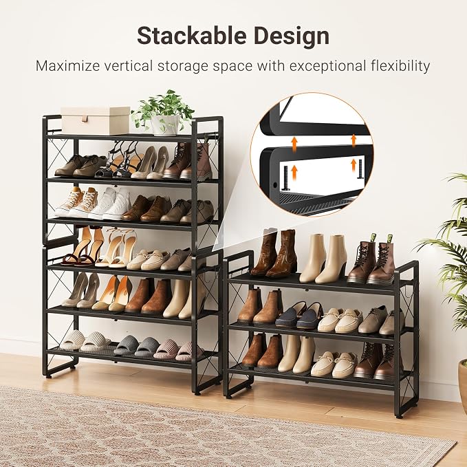 ELYKEN Expandable Shoe Rack for Closet, 6-Tier Metal Black Shoe Organizer | Adjustable Height Shoe Shelf for Boots, Heels, with 8 Hooks, Stackable Shoe Stand Holder for Entryway, Garage, Door Entrance