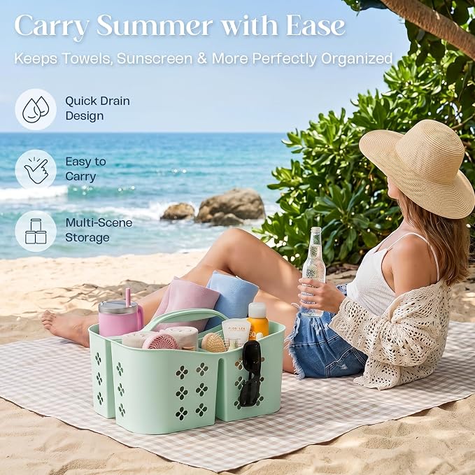 PQH Portable Shower Caddy with Handle, Large Capacity Shower Basket Organizer, Quick-Drain Bathroom Storage Tote, Durable Plastic Shower Organizer for College Dorm, Beach, Gym Essentials, MintGreen