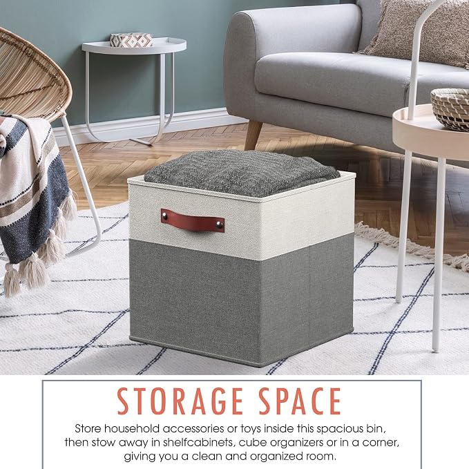 Ornavo Home 11x11 Foldable Fabric Storage Cube Bins, 6 Pack, White/Gray | Collapsible Linen Shelf Basket Organizer; Leather Handles; Ideal Cube Storage For Closet