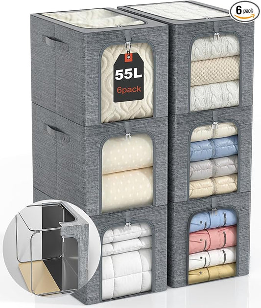 GoMaihe Blanket Storage Bins with Metal Frame for Closet, 55L 6-Pack Grey | Clothing Bedding Winter Coat Comforters , Closet Top Shelf, Collapse-Proof Stackable, See Through, Dual Access Space Saving