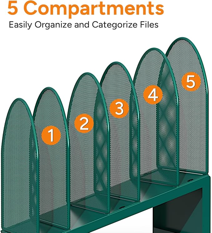 5-Section Desk File Organizer | Metal Mesh Folder Organizer for Documents, Mail & Office Papers (Green)
