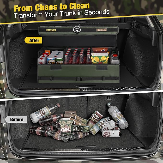 Fyzeoty Car Trunk Organizer for SUV and Sedan, Tactical‑Green, 29.5 in | Tactical & Aerospace Oxford, Extra‑Large, Hinged Lid, Collapsible & Adjustable, Water‑Resist & Dust‑Proof