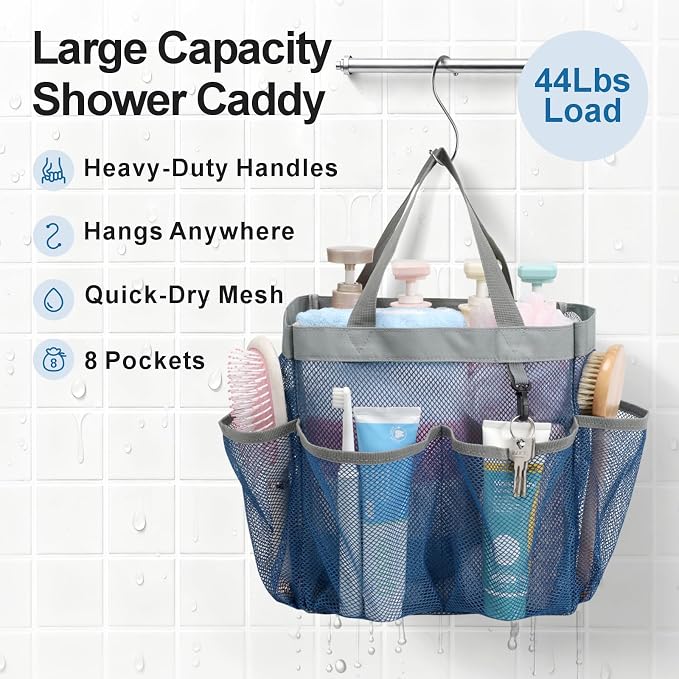Mesh Shower Caddy Portable - 8 Pockets, S-Hook, Shower Bag for Dorm Camping | 2-Handle, Quick-Dry, Hanging Toiletry Organizer, College Dorm Room Essentials for Girls, Gym, Travel & Bathroom, Navy Blue
