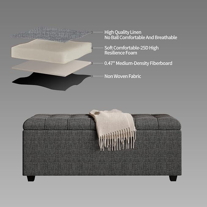 38" Dark Grey Fabric Storage Ottoman Bench with Hinged Lid | Solid wood frame bench, 4-leg easy assembly. Use as end-of-bed, footrest, entryway seat. Hinged hidden storage, multi-use.