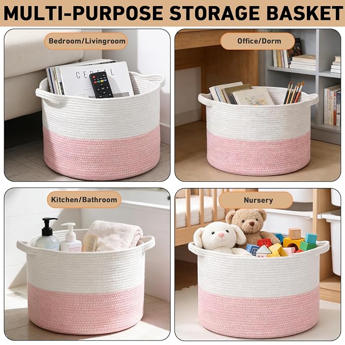 90L Extra Large Pink Woven Cotton Rope Basket with Handles | Kids Nursery Laundry Basket Hamper for Toys, Blankets, Pillows & Comforters, Cute Storage Bin for Bedroom & Playroom