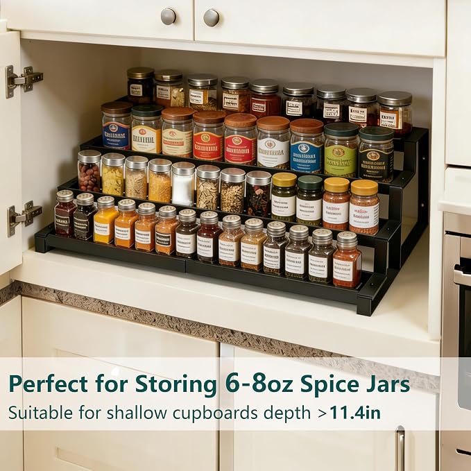 bealy 4-Tier Spice Rack Countertop Spice Rack Organizer for Cabinet, Expandable 16“-29” Spice Shelf Seasoning Organizer, Spice Organizer for Pantry, Slip-Resistant Design for Jars and Bottles