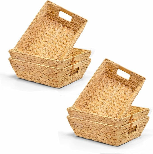 M4DECOR 6-Pack Water Hyacinth Trapezoid Wicker Storage Baskets, 14" | Handwoven natural bins with handles for snacks, pantry, kitchen, closet & shelf organization