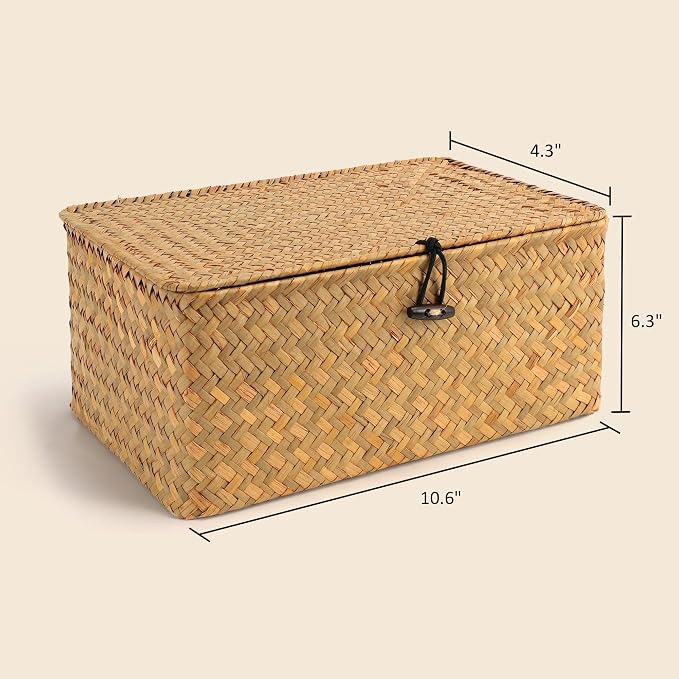 Nonam Small Basket with Lid, Natural Seagrass Bin with Lid, Shelf Baskets Multipurpose Container for Boho Decoration, Rectangular Household Storage Boxes for Home Organization-Natural