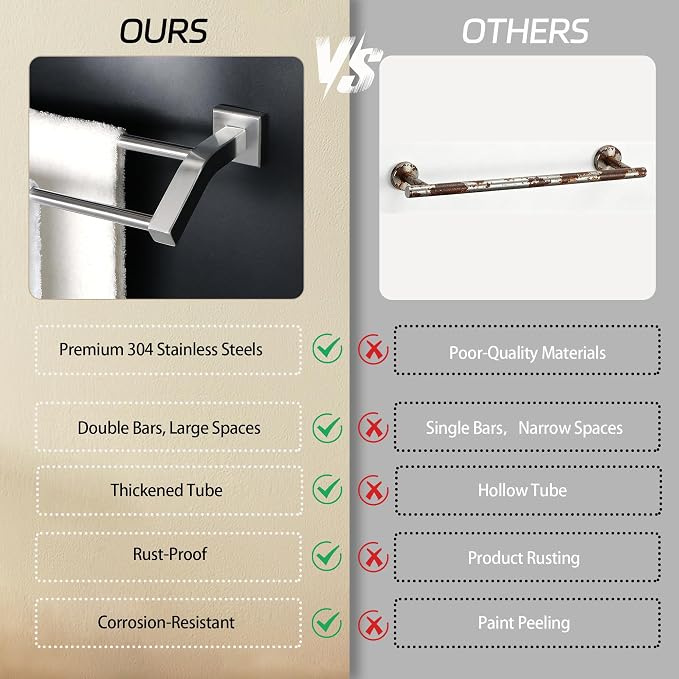 Alise Double Towel Bar, 24" Towel Rack for Bathroom Wall, Brushed Nickel | SUS304 Stainless Steel Bathroom Towel Holder, Quick Drying Towel Hanger Towel Rod, Useable Length 22.9"