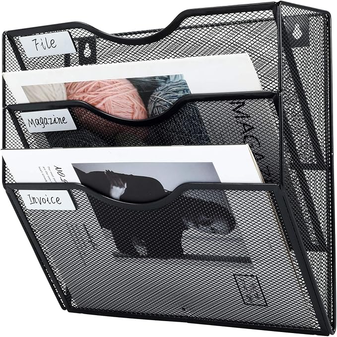 PAG Hanging Wall File Holder Mail Organizer Wall Mount Document Letter Rack, 3-Tier, Black