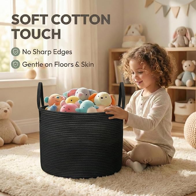 JMvicyroam 65L Extra Large Machine Washable Cotton Rope Blanket Basket | Collapsible laundry hamper, Reinforced handles, For blankets, pillows, toys and clothes, Living room and bedroom, Black