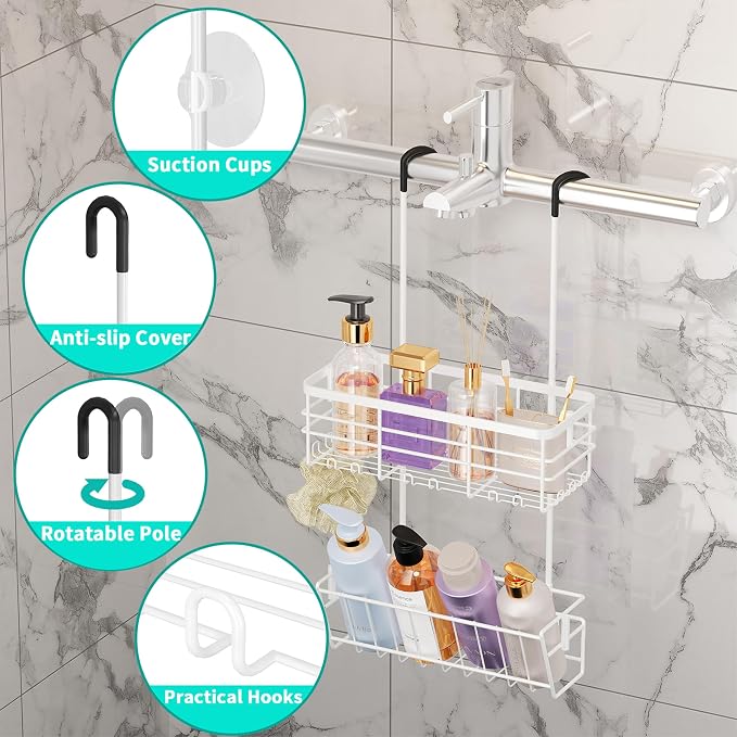 HapiRm Hanging Shower Caddy Organizer - No Drilling Shower Organizer with Inclined Shelf, Rustproof & Waterproof 304 Stainless Steel Bathroom Caddy - White