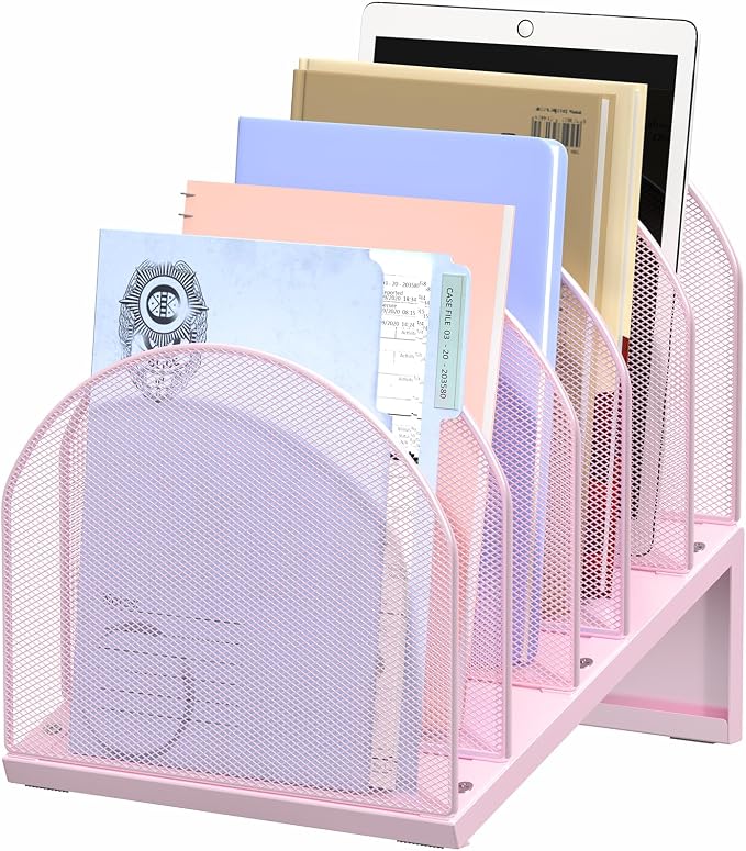 5-Section Desk File Organizer | Metal Mesh Folder Organizer for Documents, Mail & Office Papers (Pink)