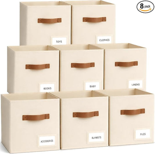 Storage Cubes 8 Pack, 11 Inch Fabric Storage Cubes Organizer Bins with Labels, Odor-Free & Sturdy PP Structure, Cubby Baskets for Closet, Shelves, Toys & Nursery (Beige)