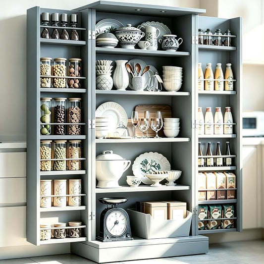 kepptory 47" Kitchen Pantry Cabinet with Doors and Adjustable Shelves, Freestanding Pantry Storage Cabinet, Farmhouse Buffet Cupboard for Kitchen, Dining Room, Living Room, Grey