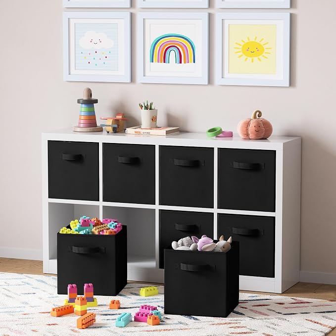 Storage Cubes Pack Of 8 - Standard Size Cube Storage Bin 10.5x10.5x11 With Dual Handles For Easy Carrying- Fabric Storage Bins Collapsible (Black)