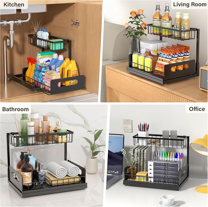 Under Sink Organizer, 2-Tier Pull-Out Metal Drawer, 2 Pack | Black metal 2-pack with lower pull-out drawers and fixed upper baskets for kitchen, bathroom and cabinet storage