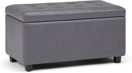 SIMPLIHOME Cosmopolitan 34" Wide Vegan Leather Storage Ottoman in Brown | Stone grey, transitional storage ottoman with tufting and lift-up lid; rectangle storage bench for living room or entryway.